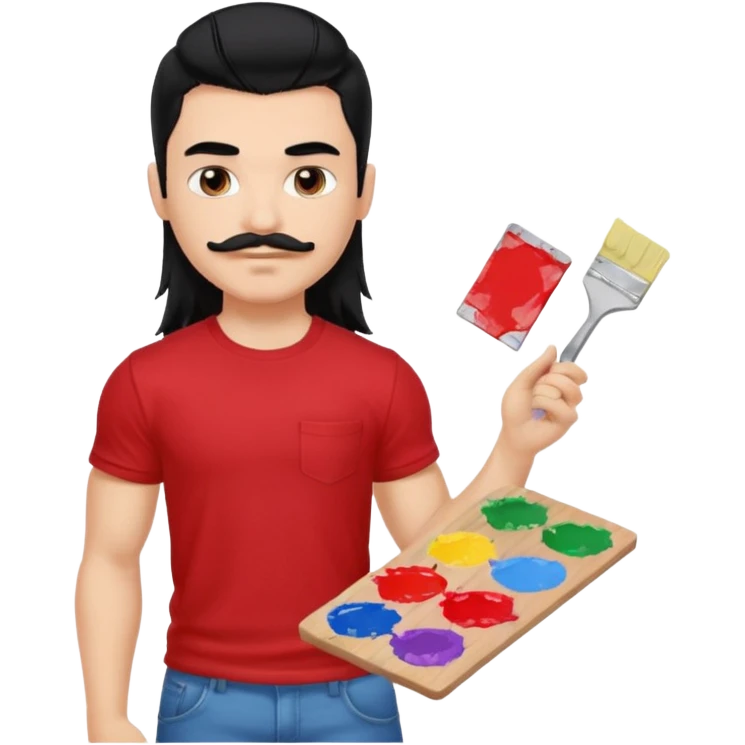 generate a pretty fair bratz boy with a long mullet (black hair), mustache, carrying a paint palette in hand and wearing a red tshirt. Lean but biceps emoji
