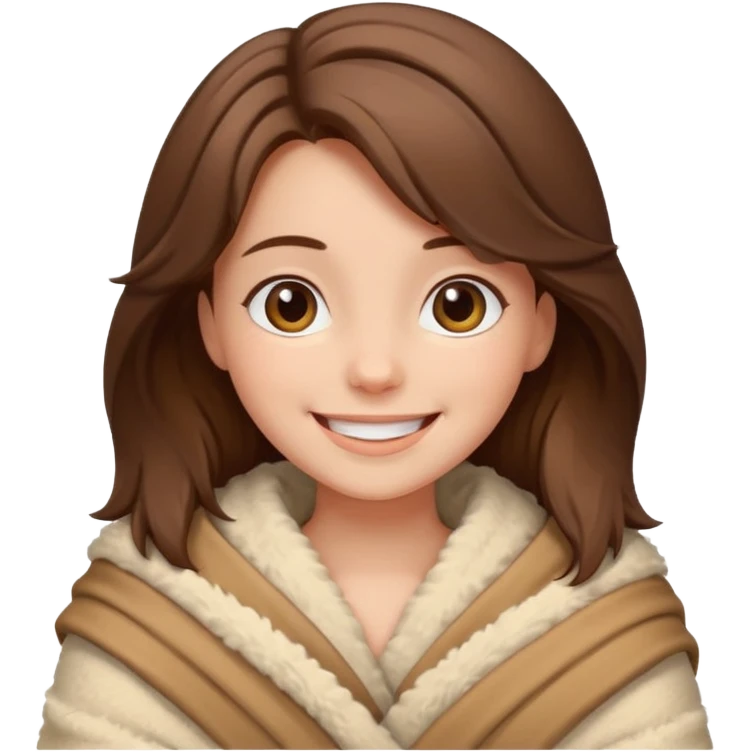 happy brown haired girl wrapped up in fluffy beige blanket emoji