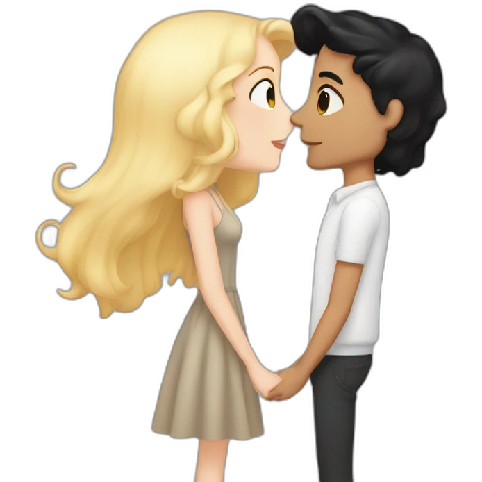 A white tall girl with shoulder length black hair kissing a taller boy with tiny black hair and clean shave  emoji