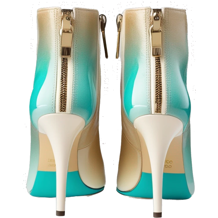 Hyper Realistic isolated top view of a pair of tiffany blue ,cream,and gold ombre Jimmy Choo zippered peppe toe Stiletto Heel ankle bootie boots. emoji