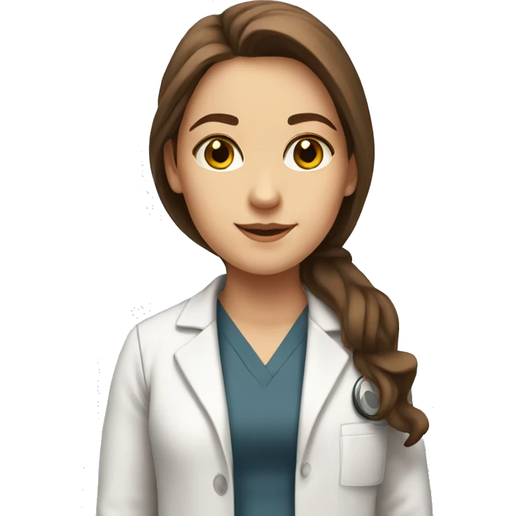 White Girl with long brown hair and brown eyes in a lab coat emoji