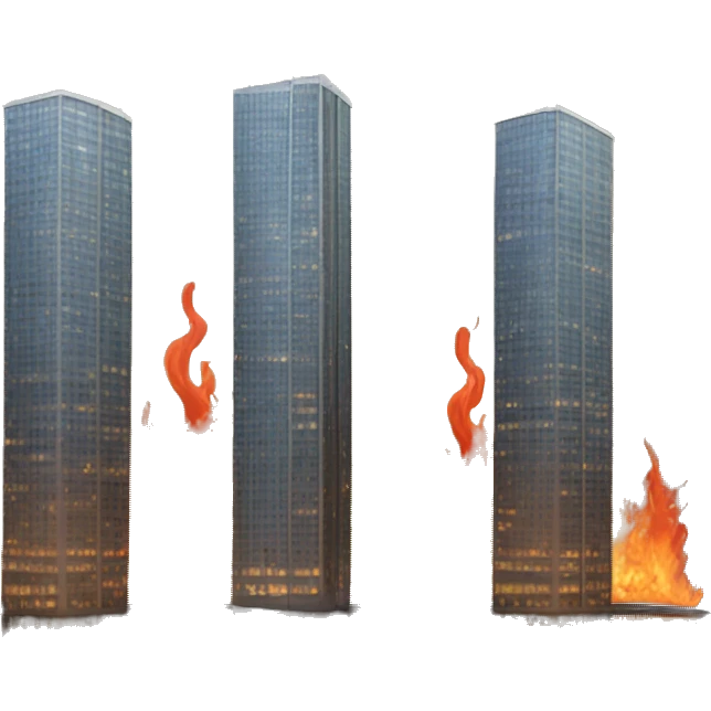 two identical skyscrapers, one on fire emoji