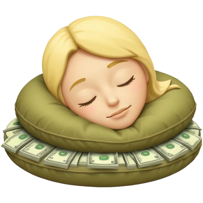 a round yellow IOS style emoji of a face sleeping on a pillow of money emoji