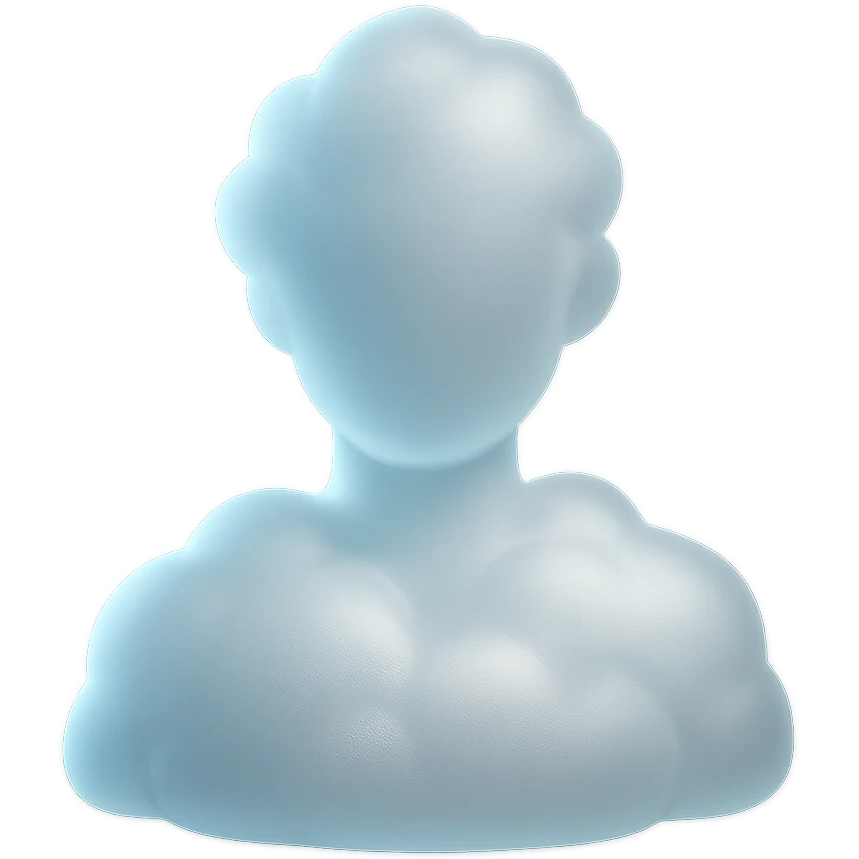 shoulder up, person consisting of white fluffy clouds, front view, matte glass style emoji