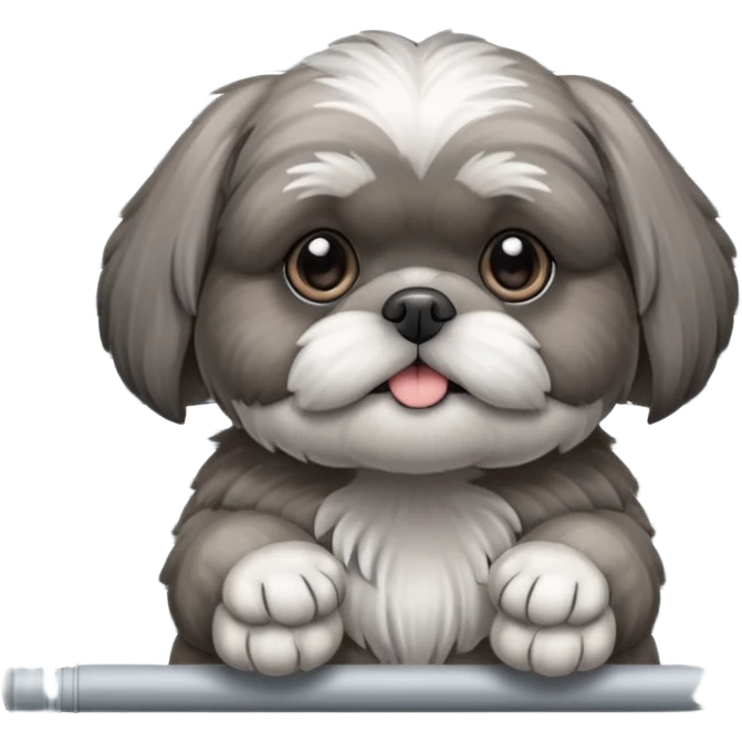 cute all grey shih tzu peeking through window blinds with one paw holding down the shade behind the shade emoji