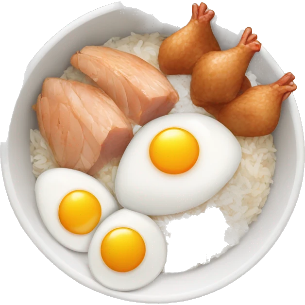 a bowl of rice with two eggs and two whole chicken emoji