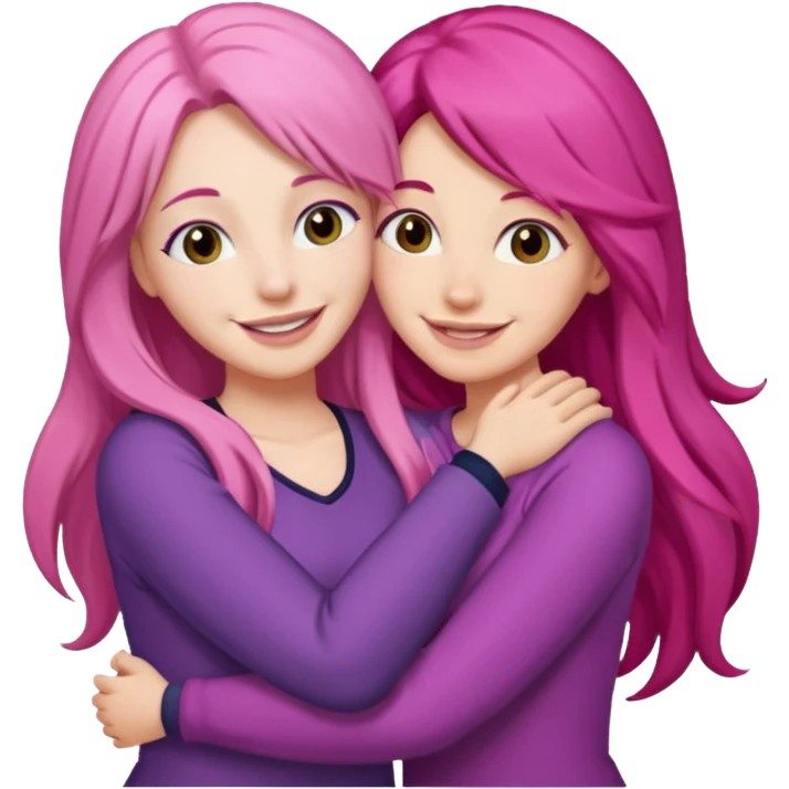 Surprisingly goofy once they open up. Strong, loyal, and incredibly supportive — but still hates wasting time. one woman long pink hair hugging another woman with dark hair emoji