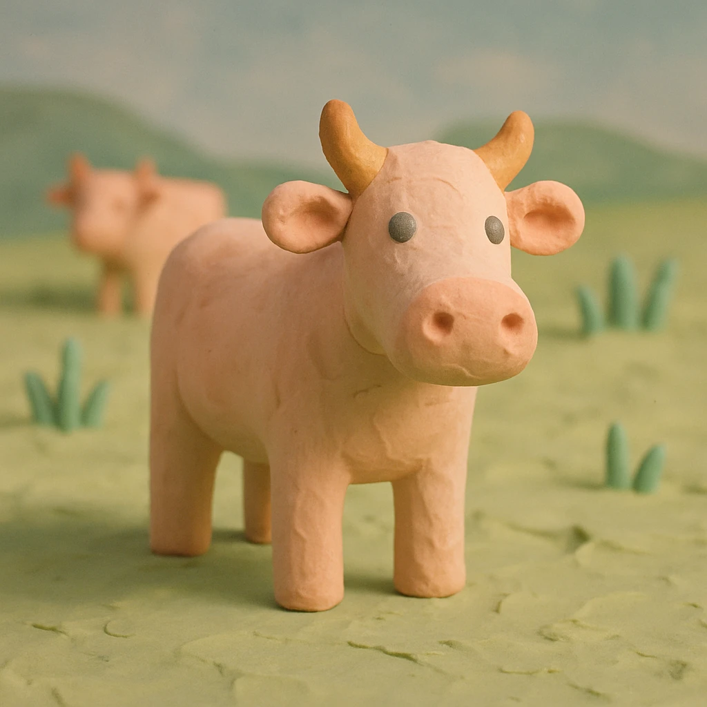 claymation style cattle standing in a field, visible fingerprints, pastel palette emoji