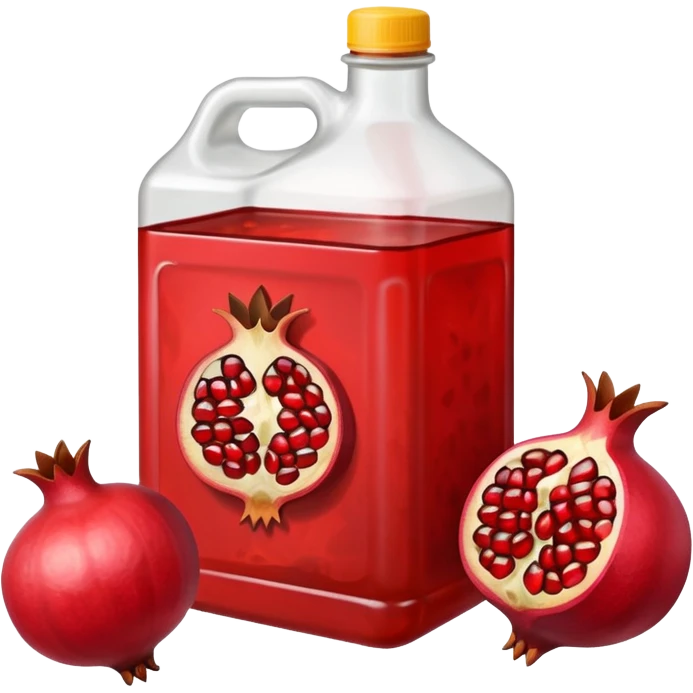an open pomegranate and a plastic 20 liter rectangular container of used or burnt cooking oil emoji