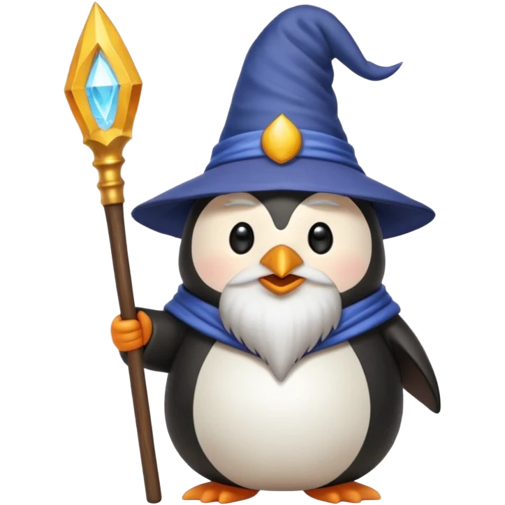 chubby penguin wizard with long white beard holding staff, emoji style emoji
