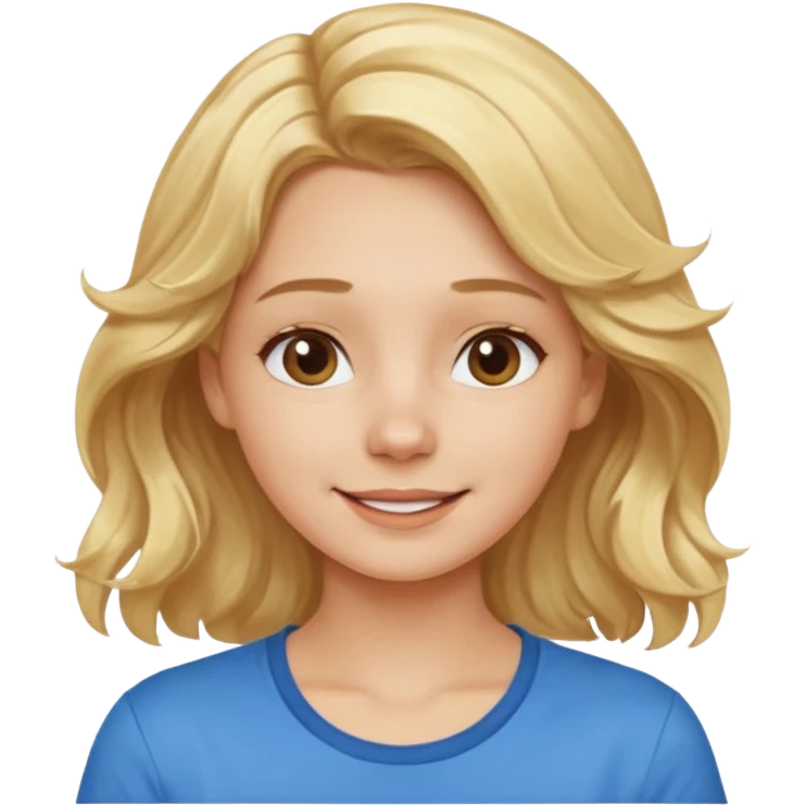 Happy blond girl with light weavy hair with a blue shirt but we can see only her face and neck and the top of the t shirt, no whole body emoji