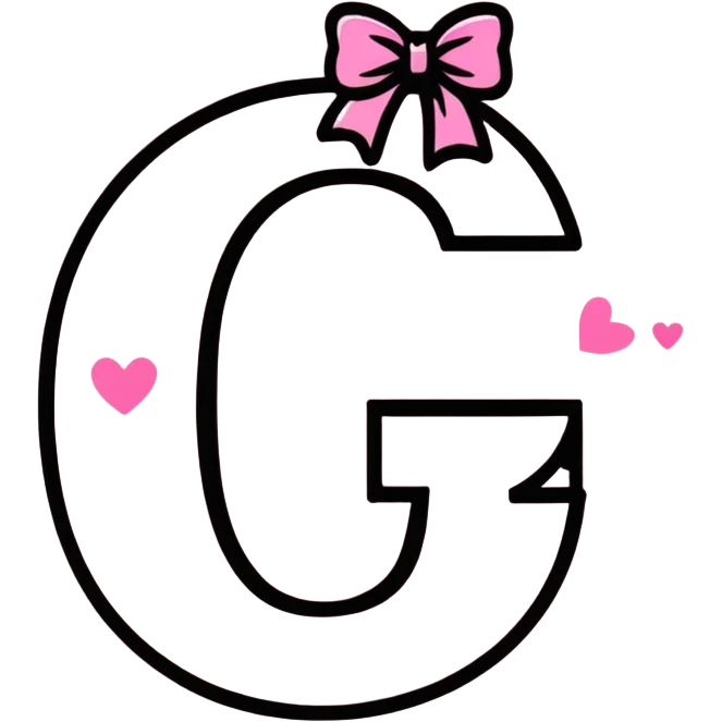 dark pink letter G with a light pink bow around it and floating glittery pink hearts emoji