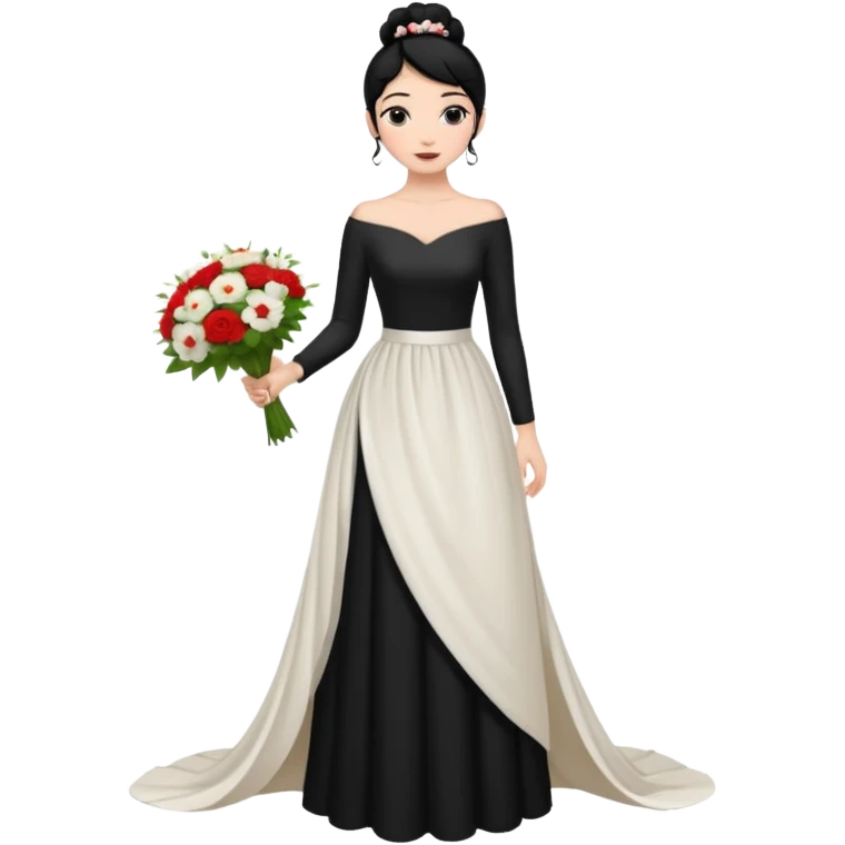 Chica blanca,cuerpo entero, vestido boda asimétrico sin vuelo ,manga larga ,de piel en el cuello, pelo negro,    ramo de flores una mano, pelo recogido en moño alto emoji