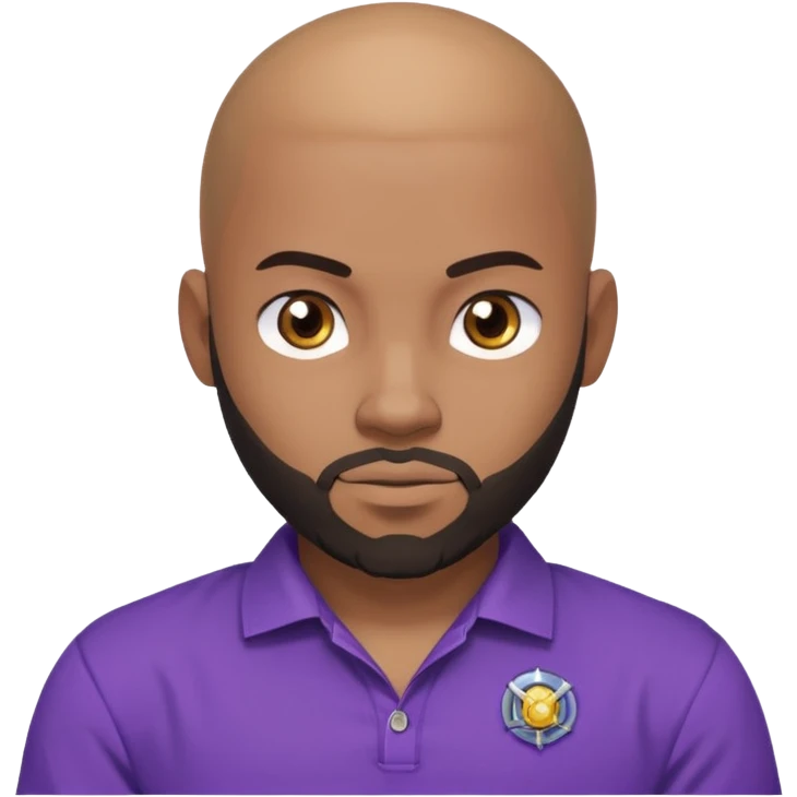 um jovem negro, careca, com barba, com um olhar confiante e olhando para frente, usando uma camisa roxa mostrando o seu beyblade. emoji