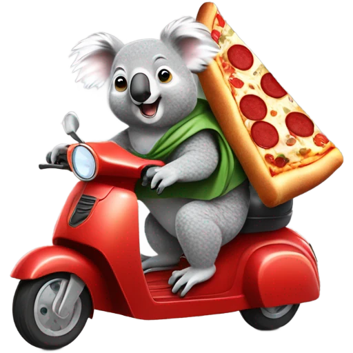 Koala on a scooter delivering pizza to a llama in a superhero cape emoji