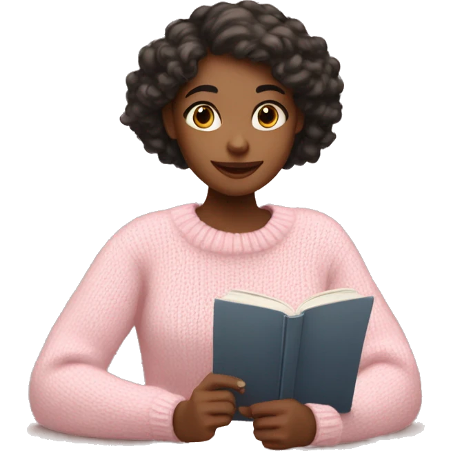 Pretty girl with light pink sweater reading cozy emoji
