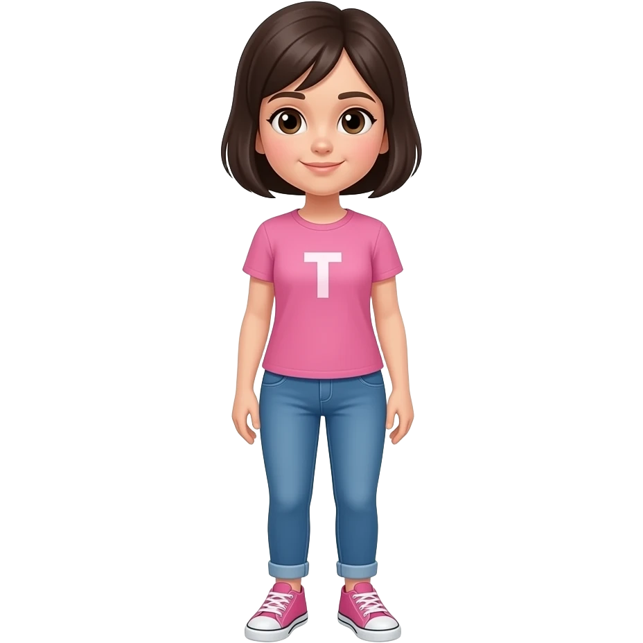 chica con ropa camiseta rosa, jeans azul, tenis rosa, de cabello oscuro y corto emoji