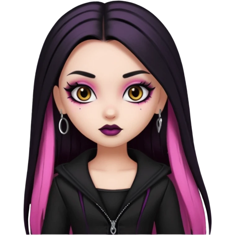 goth bratz baddie, beautiful brown eyes, gothic black makeup, long straight black-pink hair, black gothic hair styled, black goth clothes emoji