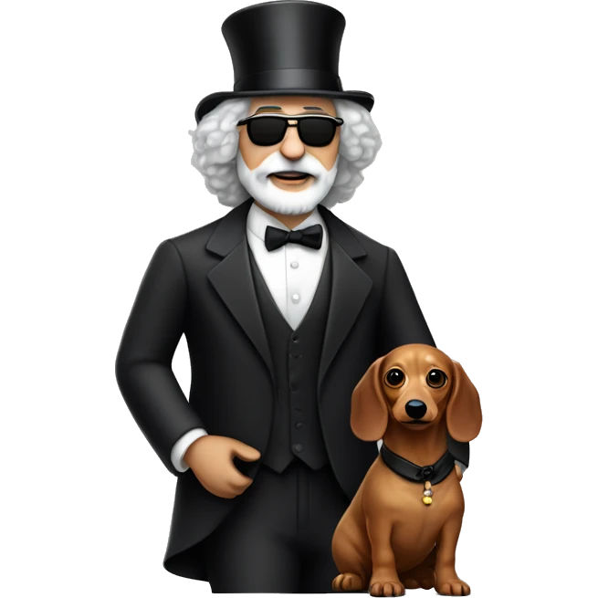 Jerry garcia with a daschund that is dressed in a tuxedo with a tophat emoji