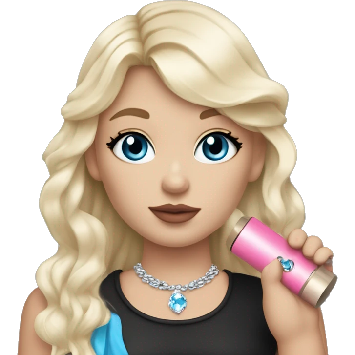 Blonde long hair with bangs, blue eyes, girl, pink lips, black eyeliner, red blush on cheeks and nose, pink eyeshadow, black shirt with lower arms shown shoulder, silver necklace with little blue diamond, holding little white pipe in one hand emoji