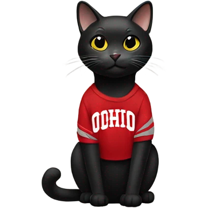 Black cat wearing an Ohio State University sweatshirt emoji