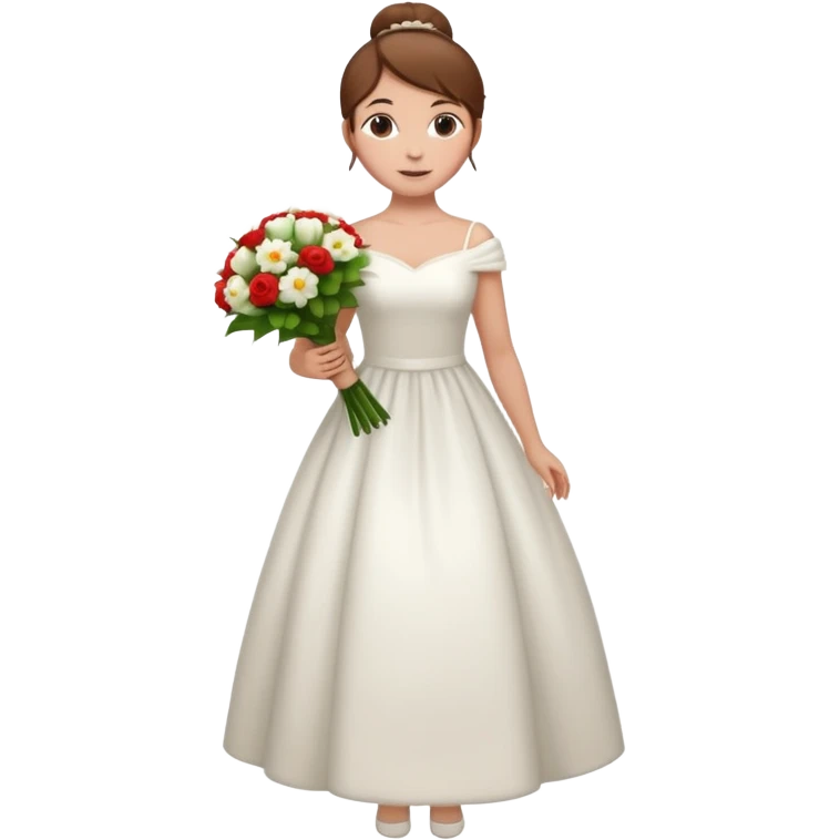 Chica blanca, pelo castaño con mondongos recogido, vestido novia invierno, cuerpo entero, con ramo de flores emoji