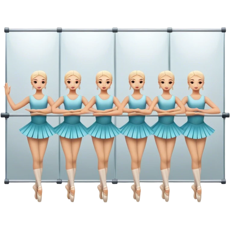 Icon for Choreography: a group of dancers in identical poses, standing by a wall with all wall long mirror, holding a long barre with one hand. The icon should capture the discipline and synchronized movement of dance training. Transparent background. emoji