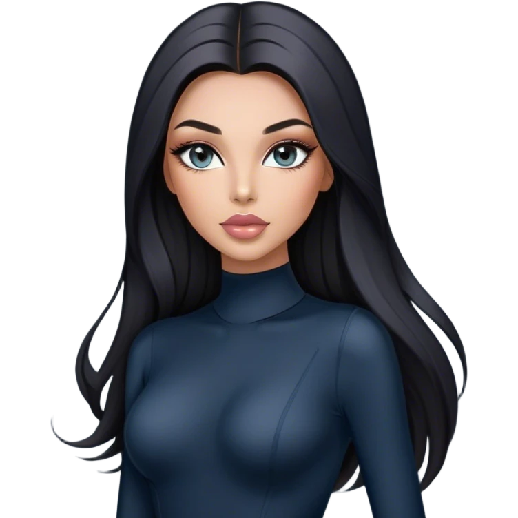 Glamours, tanned, very beautiful girl, with big pump peach-beige-rose lips, long long lashes, black straight smooth silky long hair, straight parting hair, blue-grey eyes in black long-sleeves bodysuit emoji