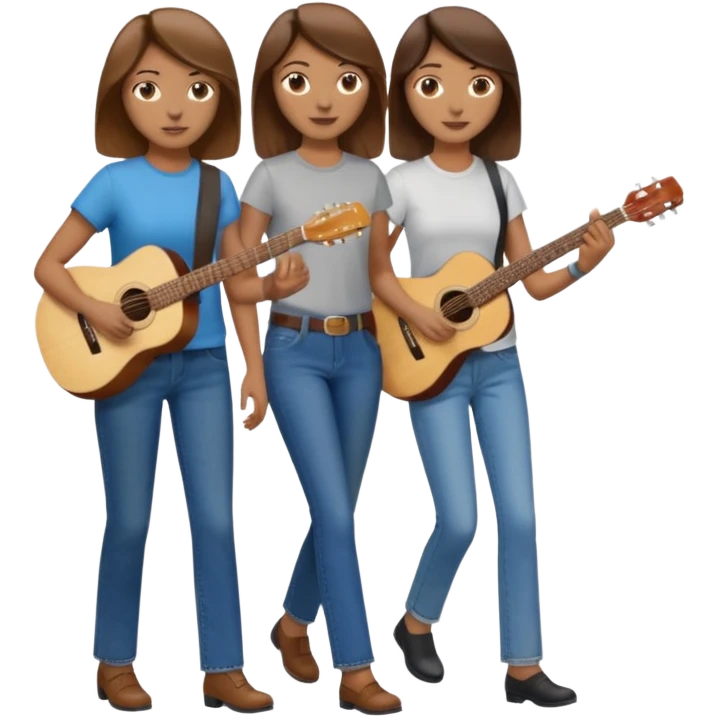 based on emoji style, like this "💁🏻‍♀️" "💁🏽‍♂️" "💁🏻", two people walking together, one is brown-haired woman, wearing business casual, holding a guitar; another one is a non-binary person, wearing t shirt and jeans, and this person doesn't have anything on their hands. they are walking together. emoji