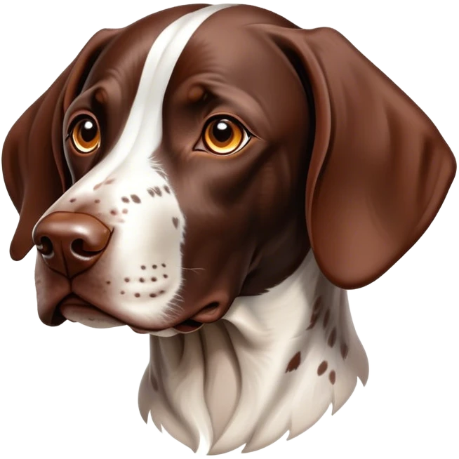 Cinematic German Pointer Portrait Emoji, Elegant and alert, sleek brown and white tones, Simplified yet sharp features, highly detailed, glowing with a warm, confident glow, high shine, intelligent and poised, stylized with an air of grace, focused and attentive, soft glowing outline, capturing the essence of agility and loyalty, so lifelike it feels as though it could spring into motion at any moment! emoji