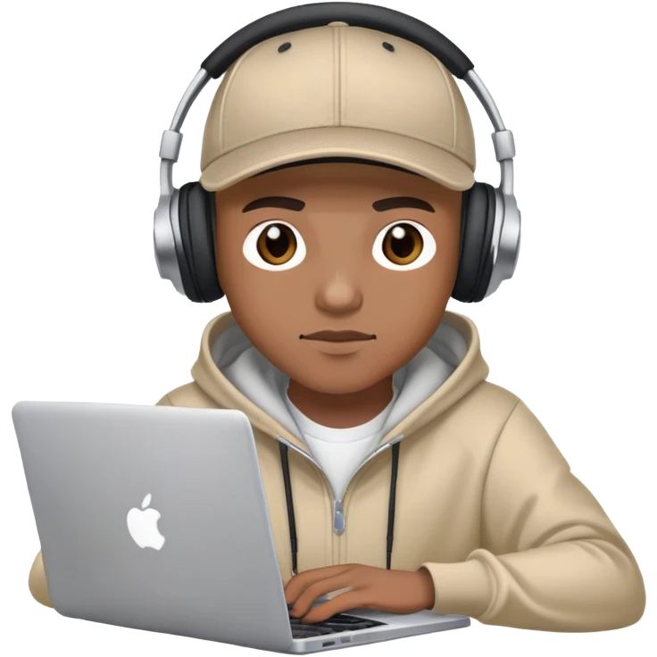rapper developer with hoodie, baseball cap, headphones and laptop coding emoji