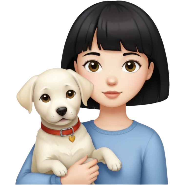 A girl with short black hair and bangs holding a white Labrador emoji