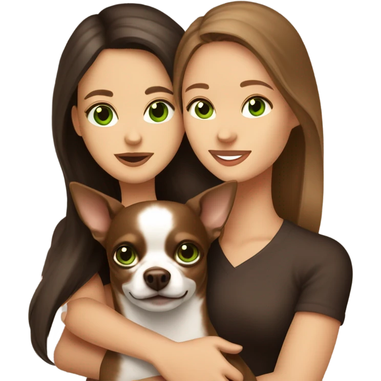 Long brown hair, green eyes, caucasian lady hugging dark brown chihuahua emoji