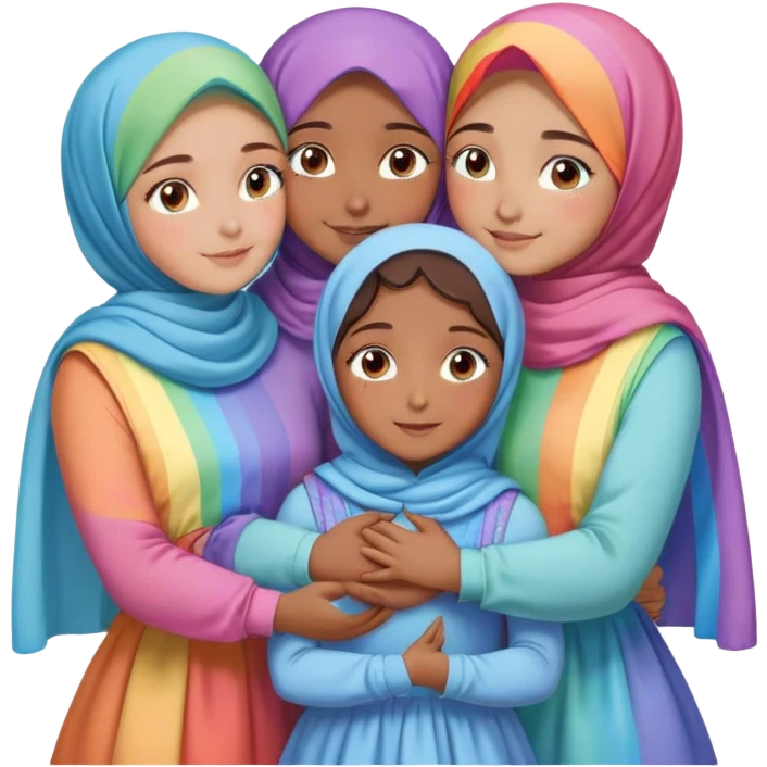 Four sister hugs Turkish girls beautiful finish Konya brown blue eyes with rainbow pastel hijab and heart dress and hugs  emoji