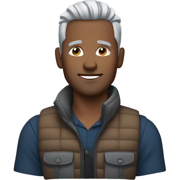 Finance bro with light grey short spike hair, brown skin and mountain hardwared puffer vest over blue shirt emoji