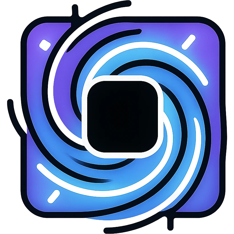 cuadrado de stop con centro oscuro tipo agujero negro, borde arremolinado púrpura y azul, resplandor de neón blanco, efecto animado de remolino y resplandor emoji