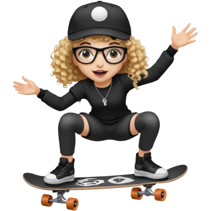 ["An excited girl with light skin, curly hair, wearing a baseball cap and square glasses, dressed in goth fashion, is skateboarding while holding a camera."] emoji