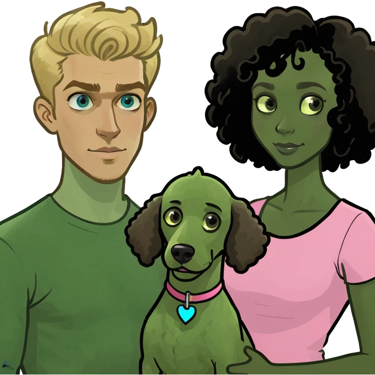 Create an emoticon depicting two people. One person is a tall man with blonde hair and blue eyes. The other is a shorter woman with dark brown hair, brown eyes, and brown skin. Between them, there is a large black poodle standing. emoji