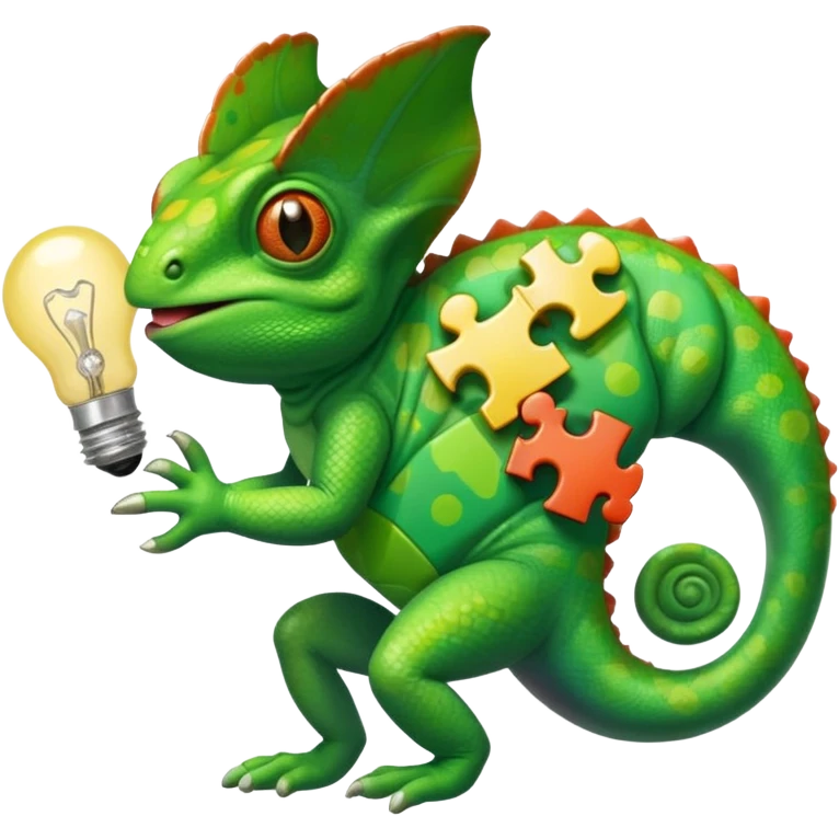 cameleon qui tien une piece de puzzle dans une main et une ampoule dans l'autre et un cerveau sur la langue emoji
