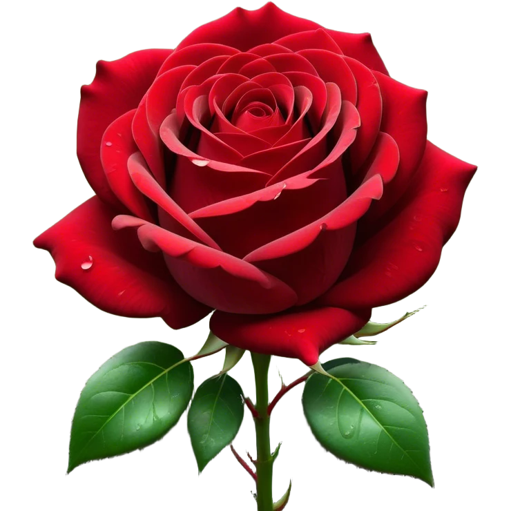 Cinematic Realistic Rose Emoji, Elegant and full of grace, with velvety, deep red petals unfurling in a perfect bloom, dew drops glistening on the soft edges, and a faint fragrance hanging in the air. The lush green leaves surround the stem, creating a vibrant contrast to the rich color of the petals. Soft glowing outline, capturing the essence of timeless beauty and romance in a single bloom. emoji