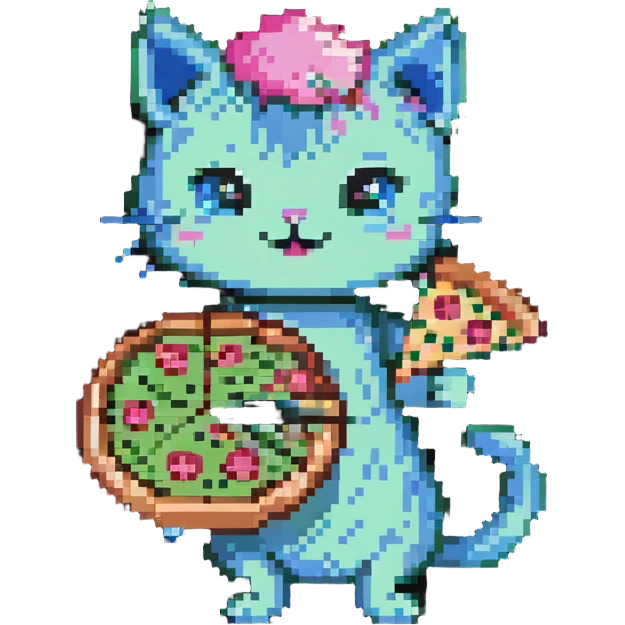 green cat with pink hair and blue ears holding a pizza emoji