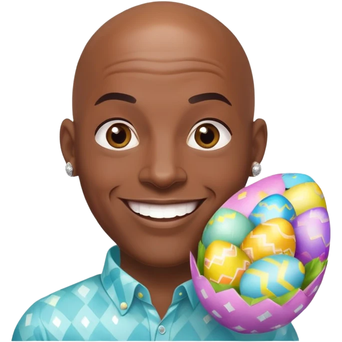 smiling bald African American man with diamond stud earrings popping out of an Easter egg emoji
