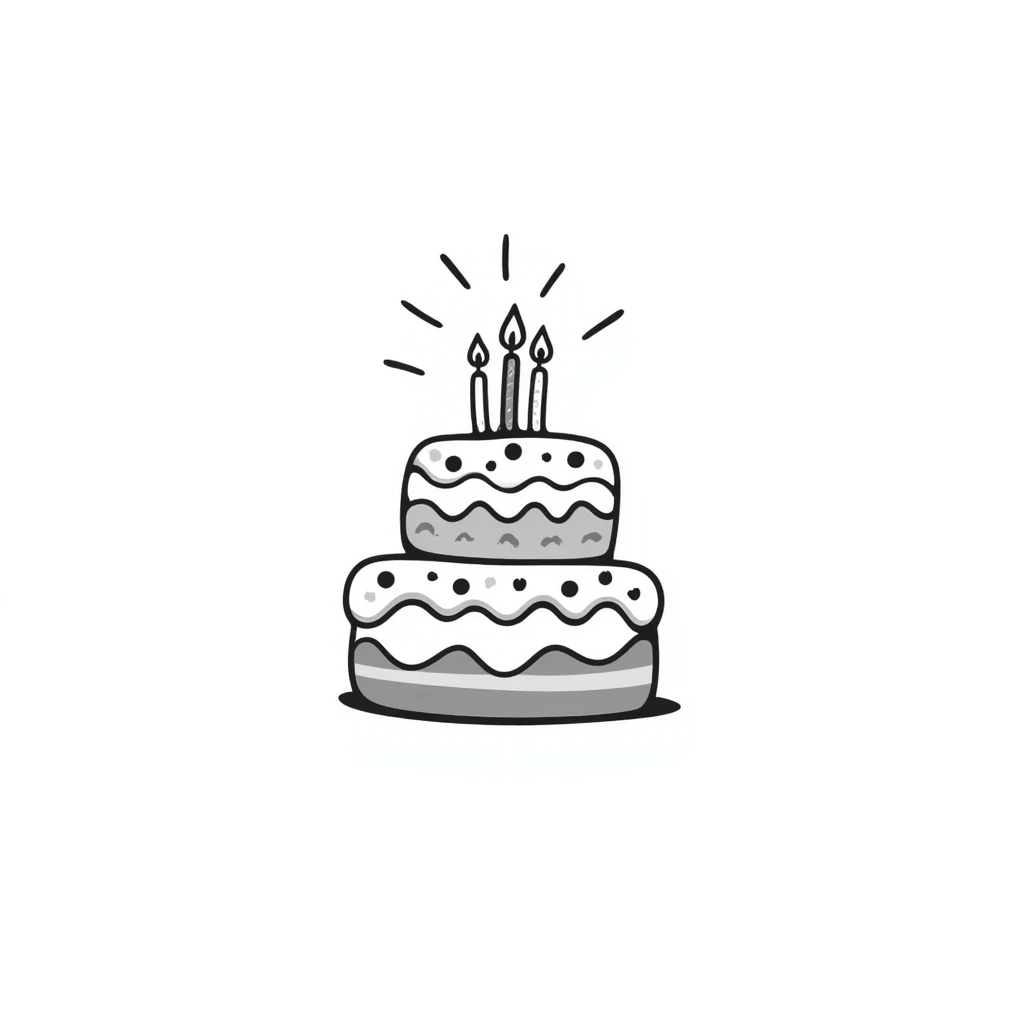 A decorated birthday cake with layers and frosting in pastel colors (dd9fb0, ffc6d3, a3bfc9, c4bee2, f1b091), hand-drawn doodle style emoji