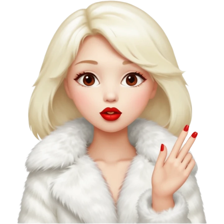 A beautiful, cute girl with red lipstick on her lips in a white fur coat,  in full view, blowing a kiss. emoji