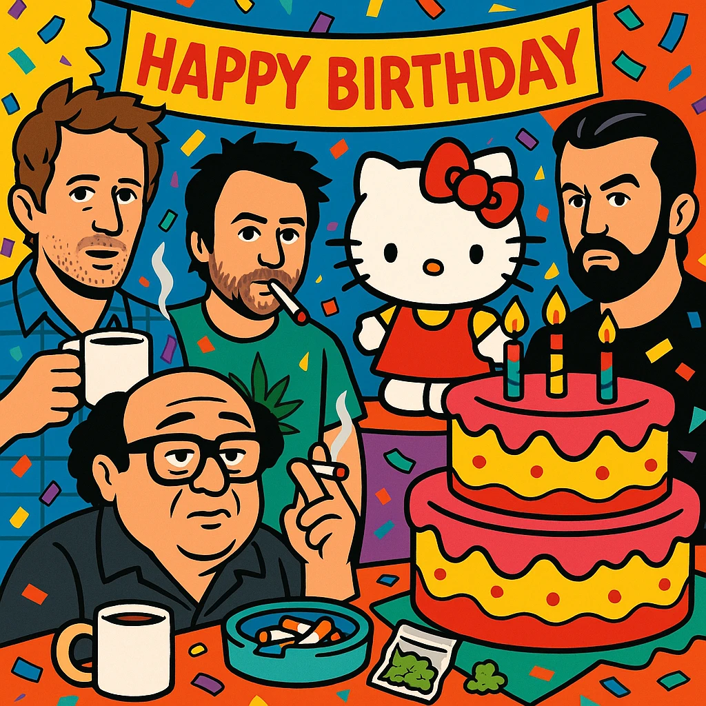 maximalist birthday scene with Hello Kitty, It's Always Sunny in Philadelphia cast, coffee, cigarettes, weed, big birthday cake, confetti everywhere, vibrant chaotic collage emoji