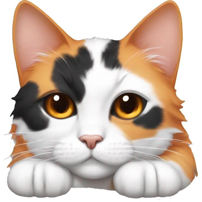Fluffly and simple calico female Cat sleeping peacifully with white face and most of the body, black ears and an orange spot near her left eye emoji