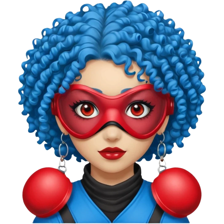 blue curly haired paintball playergirl with huge earrings, wearing red paintball eye mask, emoji