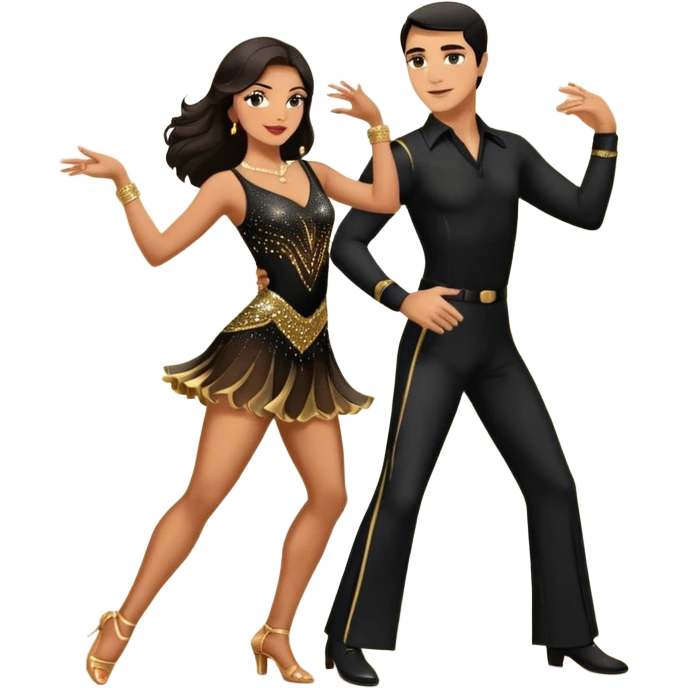 Photorealistic dancesport professional latin couple dancing the samba at the competition dancefloor, the women is in skinny short sparkly dress, the man is in black shirt and black classic pants, the women has brown long hair, the man has short black hair  emoji