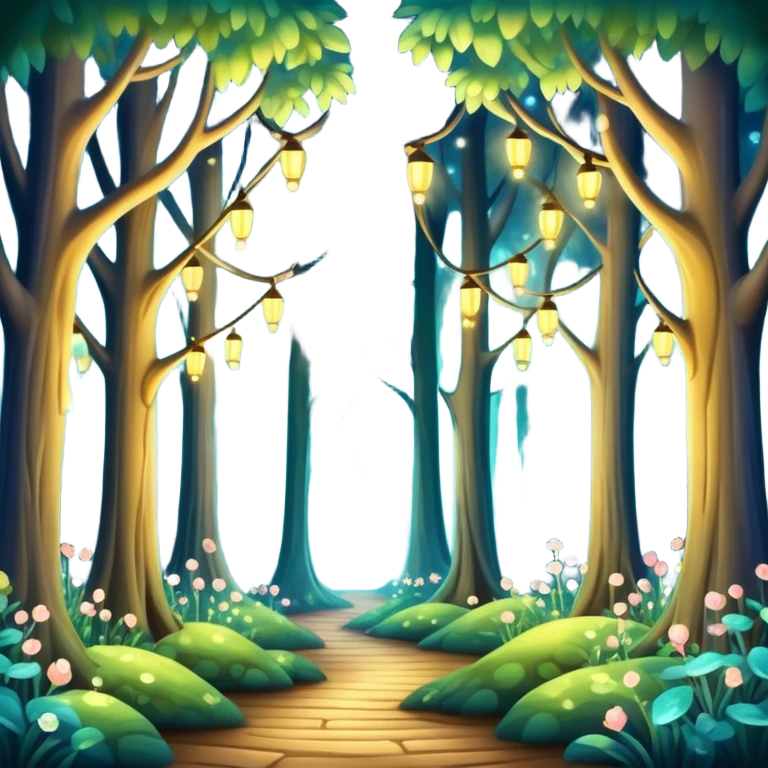 enchanted forest with tall trees, sparkling lights, whimsical atmosphere emoji