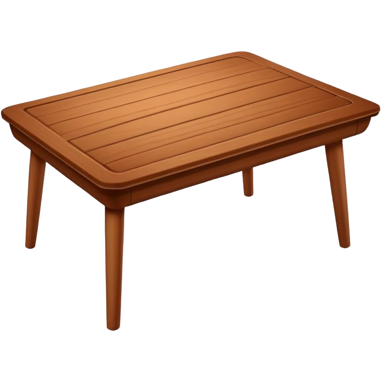 Generate a 3D  table， warm brown wood, subtly textured, slightly angled perspective, clean edges, realistic but minimal shading, on a transparent or plain white background. Keep the design simple and clearly readable at small sizes emoji